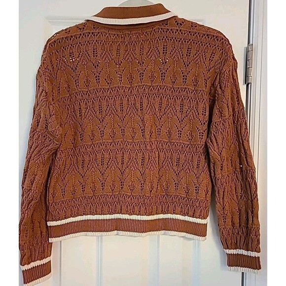 Universal Thread Orange Camel Rust Crochet Polo V-neck Crop Varsity Sweater Sz S - Picture 8 of 8